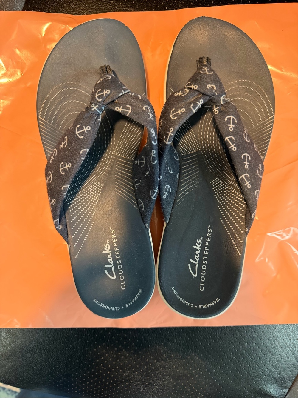 Clarks Blue Anchor Print Cloudsteppers Flip Flops - Picture 2 of 14